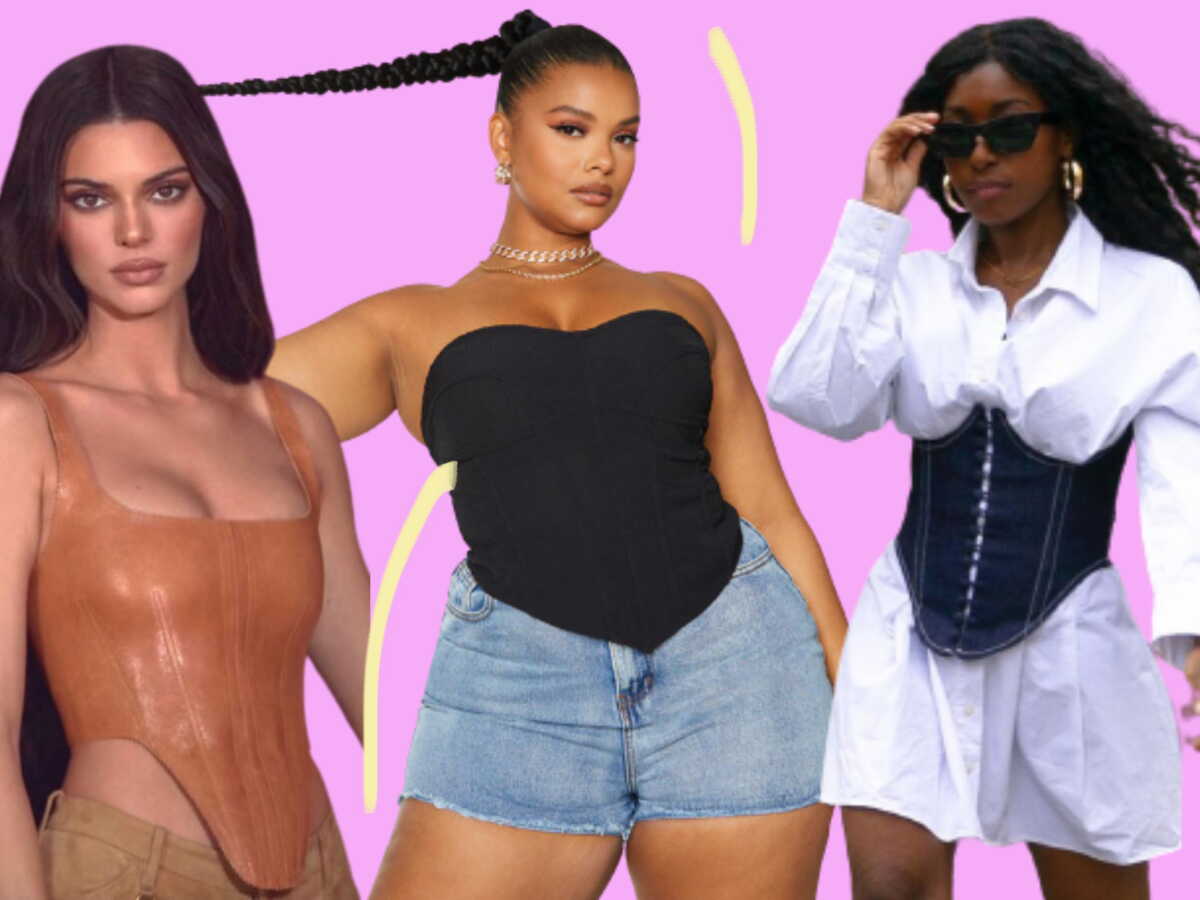 Femme portant un corset noir avec veste en fausse fourrure